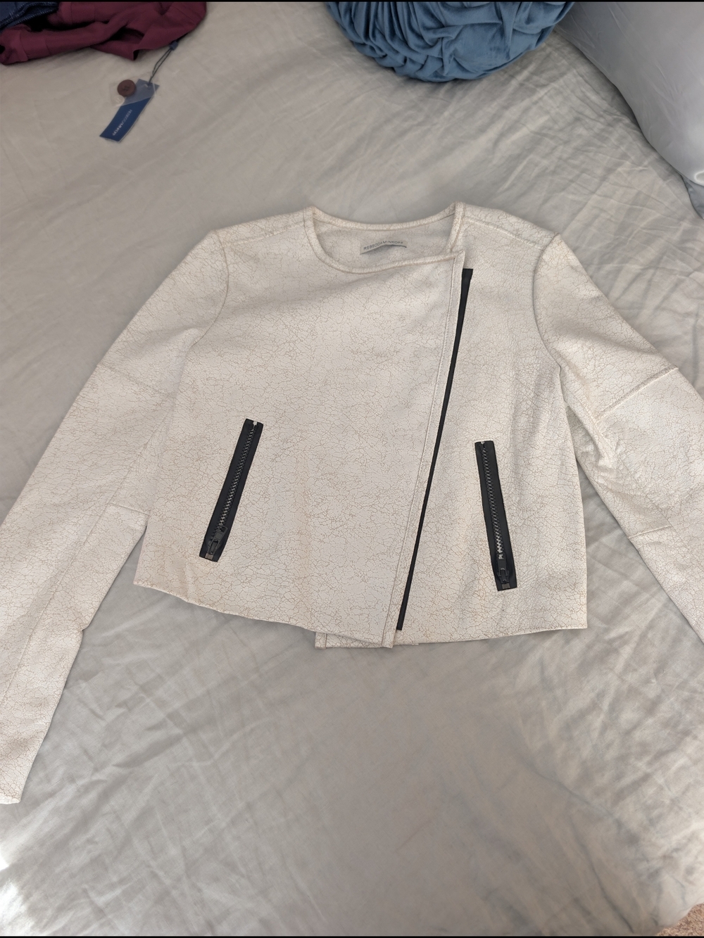 Rebecca Minkoff Cream Crackle Moto Jacket Asymmetric Zip Sample Small RARE